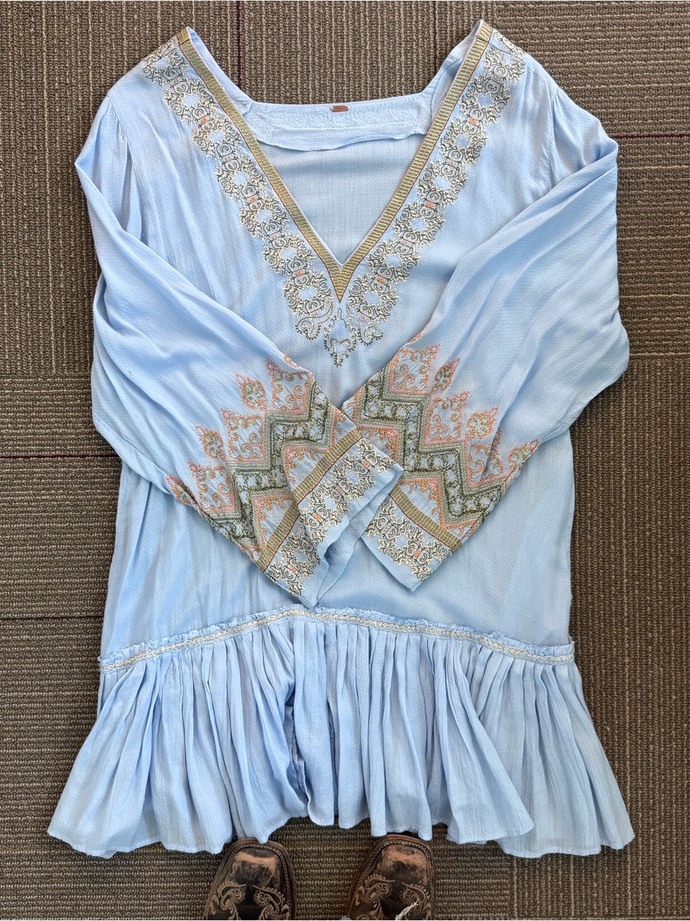 Free People Boho Embroidered Dress – Light Blue (Pockets!)